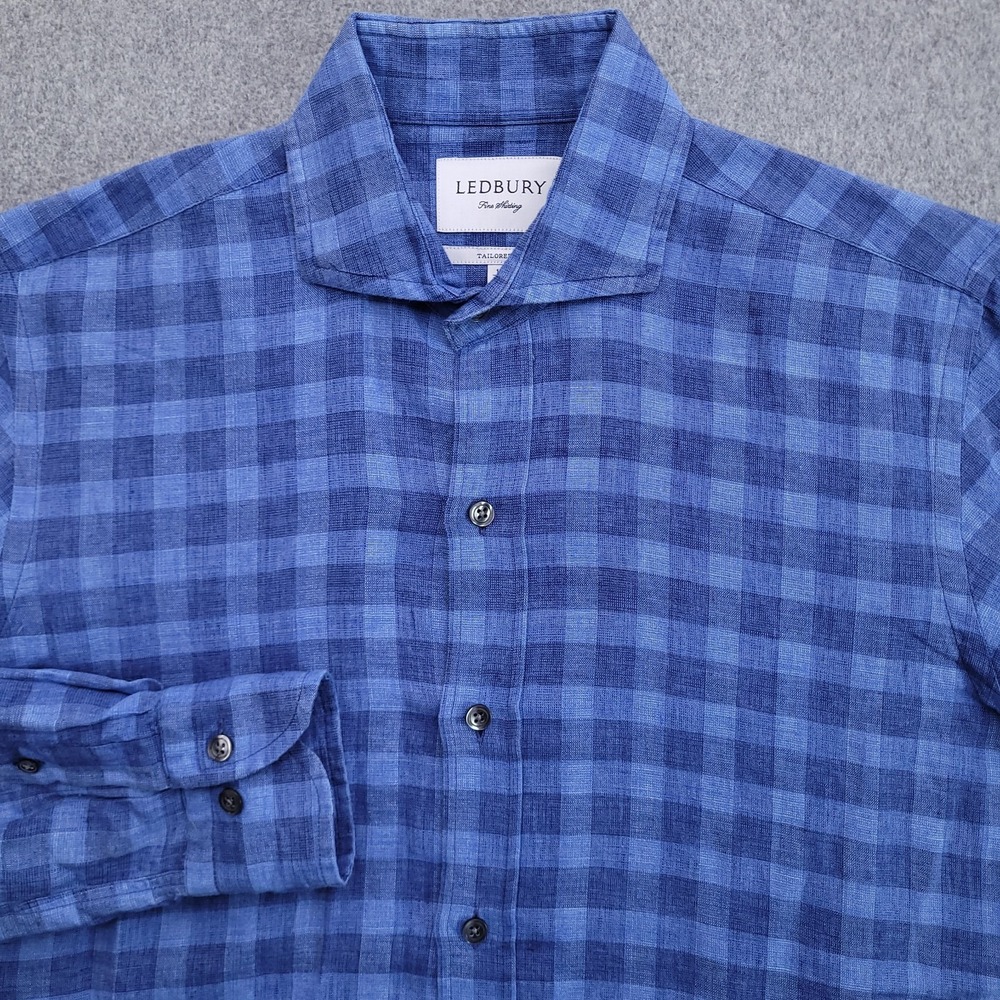 Ledbury Dress Shirt Men 15 34 Blue Gingham Tailored Fit Cotton Linen Long Sleeve
